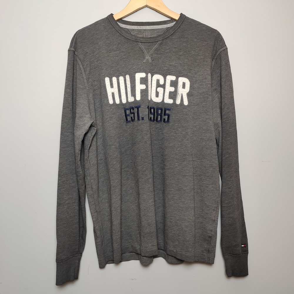 Tommy Hilfiger Logo Graphic Heather Gray Long Sleeve Crewneck Shirt Size Large